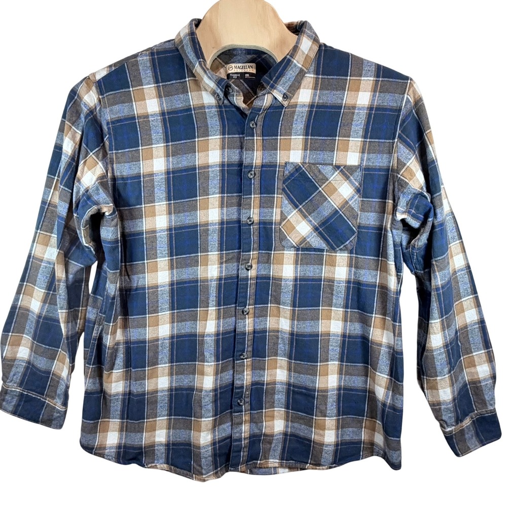 Magellan Outdoors Flannel Shirt Mens 2XL Blue Brown Plaid Classic Fit Cotton